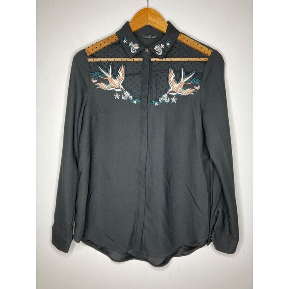 River Island Womens Size 10 Black Embroidered Birds Mesh Button Up Long Sleeve B - Picture 1 of 7